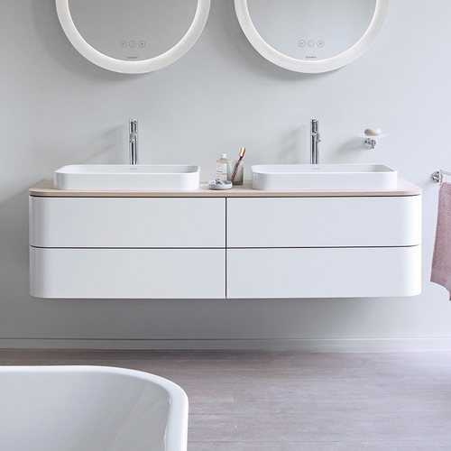 Immagine di Duravit HAPPY D.2 PLUS base sottolavabo sospesa per consolle 160 cm, 4 cassetti, cassetto superiore con scasso per il sifone e coprisifone, colore bianco finitura opaco HP4974B3636