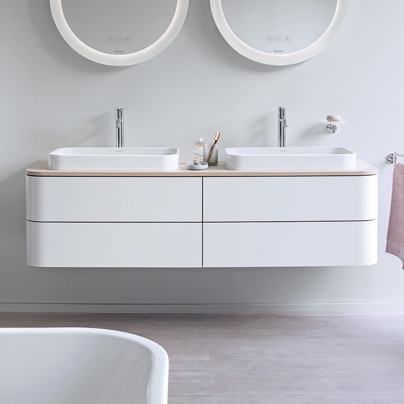 Immagine di Duravit HAPPY D.2 PLUS base sottolavabo sospesa per consolle 160 cm, 4 cassetti, cassetto superiore con scasso per il sifone e coprisifone, colore bianco finitura opaco HP4974B3636