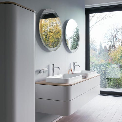 Immagine di Duravit HAPPY D.2 PLUS base sottolavabo sospesa per consolle 160 cm, 4 cassetti, cassetto superiore con scasso per il sifone e coprisifone, colore bianco finitura opaco HP4974B3636