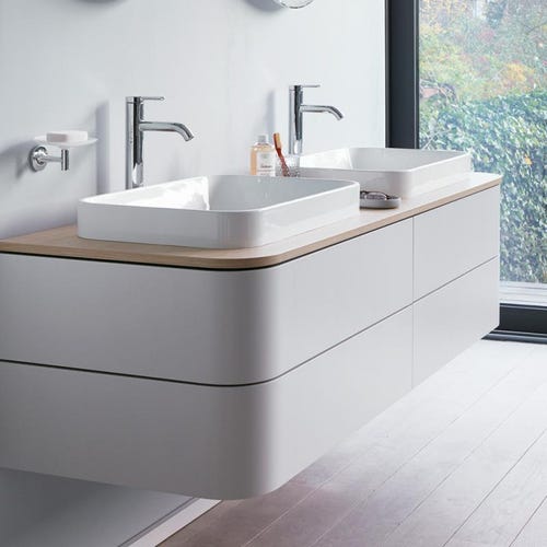 Immagine di Duravit HAPPY D.2 PLUS base sottolavabo sospesa per consolle 160 cm, 4 cassetti, cassetto superiore con scasso per il sifone e coprisifone, colore bianco finitura opaco HP4974B3636