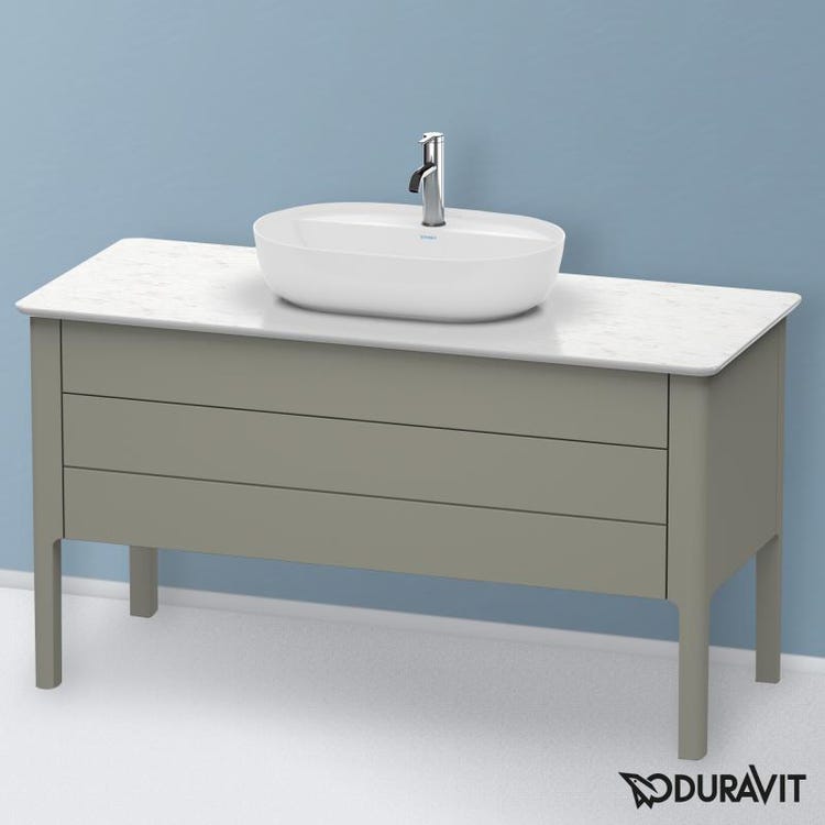 Duravit LUV composizione bagno: mobile sottolavabo a pavimento e consolle,  colore grigio pietra opaco e quarzo bianco + specchio con illuminazione 120  cm + lavabo 80 cm, colore bianco + miscelatore monocomando