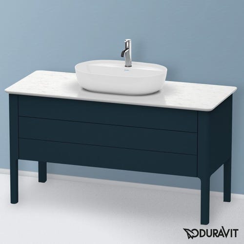 Immagine di Duravit LUV base sottolavabo a pavimento per consolle 133 cm, 1 cassetto, 1 elemento estraibile, cassetto superiore con scasso per il sifone e coprisifone, colore blu notte finitura opaco LU956609898