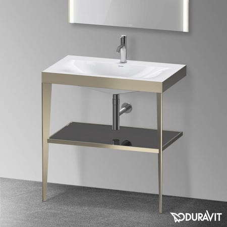 Immagine di Duravit XVIU sostegno metallico 80 cm colore champagne finitura opaco, ripiano in vetro colore grigio flanella finitura lucido, lavabo consolle c-bonded monoforo XV4715OB189