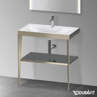 Immagine di Duravit XVIU sostegno metallico 80 cm colore champagne finitura opaco, ripiano in vetro colore nero finitura lucido, lavabo consolle c-bonded monoforo XV4715OB140