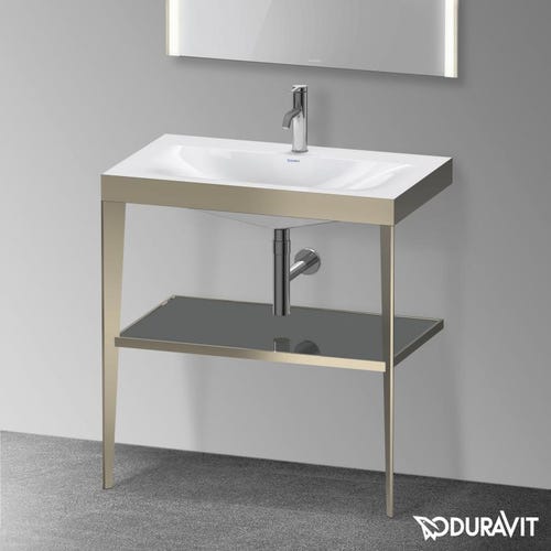 Immagine di Duravit XVIU sostegno metallico 80 cm colore champagne finitura opaco, ripiano in vetro colore nero finitura lucido, lavabo consolle c-bonded monoforo XV4715OB140