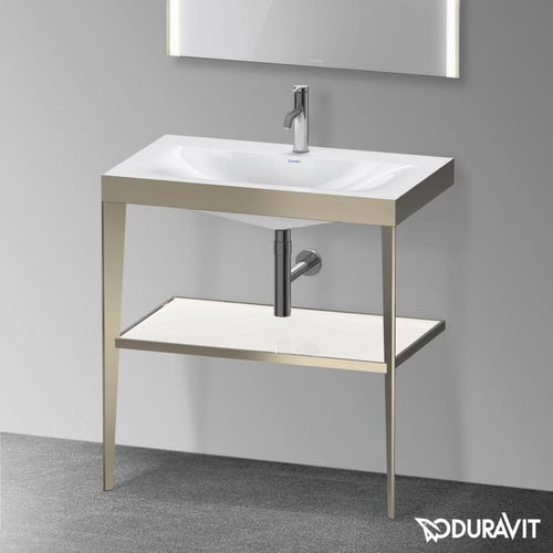 Immagine di Duravit XVIU sostegno metallico 80 cm colore champagne finitura opaco, ripiano in vetro colore bianco finitura lucido, lavabo consolle c-bonded monoforo XV4715OB185