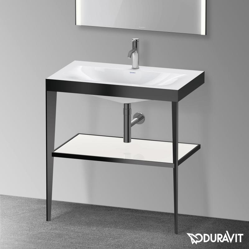 Immagine di Duravit XVIU sostegno metallico 80 cm colore nero finitura opaco, ripiano in vetro colore bianco finitura lucido, lavabo consolle c-bonded monoforo XV4715OB285