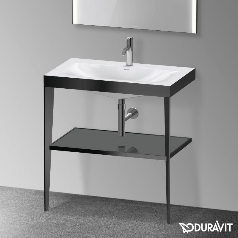 Immagine di Duravit XVIU sostegno metallico 80 cm colore nero finitura opaco, ripiano in vetro colore grigio flanella finitura lucido, lavabo consolle c-bonded monoforo XV4715OB289