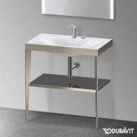 Immagine di Duravit XVIU sostegno metallico 80 cm colore champagne finitura opaco, ripiano in vetro colore nero finitura lucido, lavabo consolle c-bonded due fori XV4715EB140