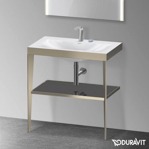 Immagine di Duravit XVIU sostegno metallico 80 cm colore champagne finitura opaco, ripiano in vetro colore nero finitura lucido, lavabo consolle c-bonded due fori XV4715EB140