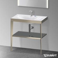 Immagine di Duravit XVIU sostegno metallico 80 cm colore champagne finitura opaco, ripiano in vetro colore grigio flanella finitura lucido, lavabo consolle c-bonded due fori XV4715EB189