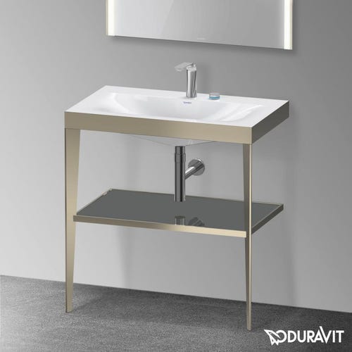 Immagine di Duravit XVIU sostegno metallico 80 cm colore champagne finitura opaco, ripiano in vetro colore grigio flanella finitura lucido, lavabo consolle c-bonded due fori XV4715EB189