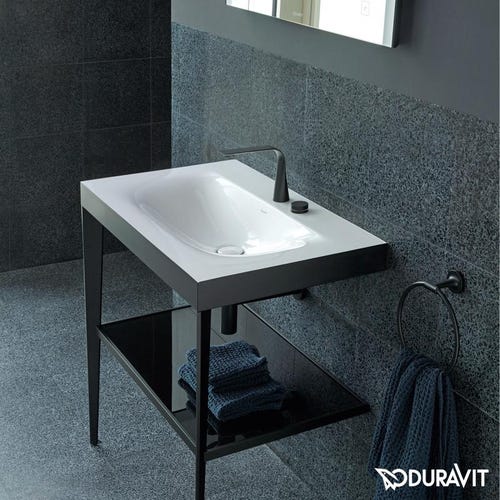 Immagine di Duravit XVIU sostegno metallico 80 cm colore nero finitura opaco, ripiano in vetro colore nero finitura lucido, lavabo consolle c-bonded due fori XV4715EB240