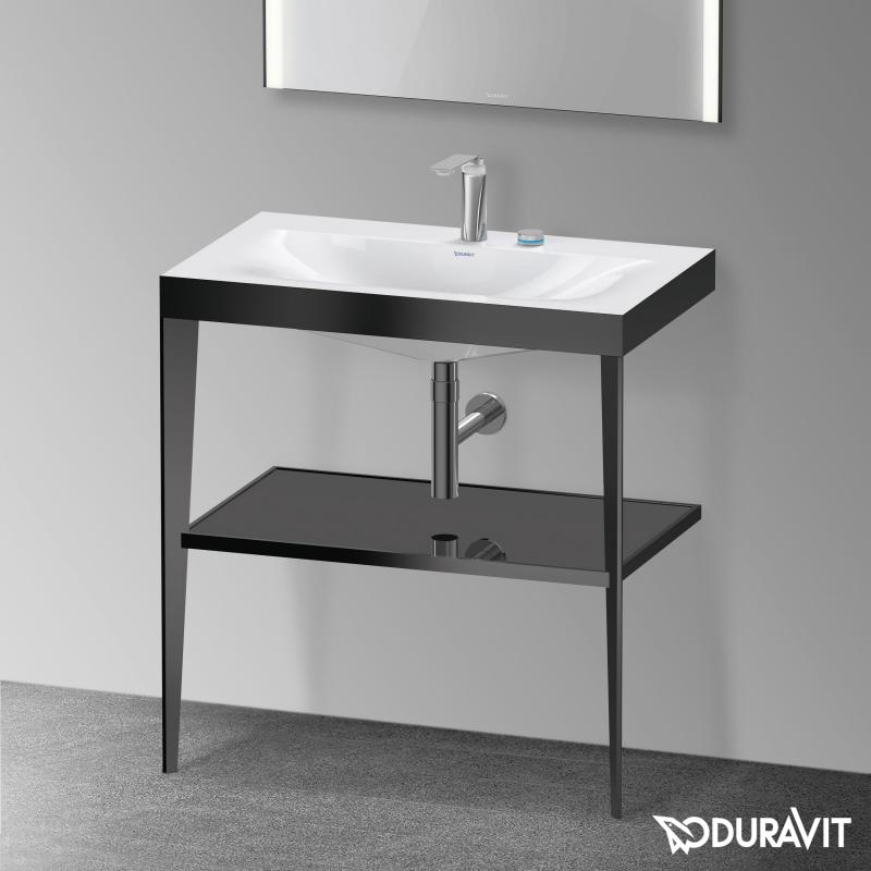 Immagine di Duravit XVIU sostegno metallico 80 cm colore nero finitura opaco, ripiano in vetro colore nero finitura lucido, lavabo consolle c-bonded due fori XV4715EB240