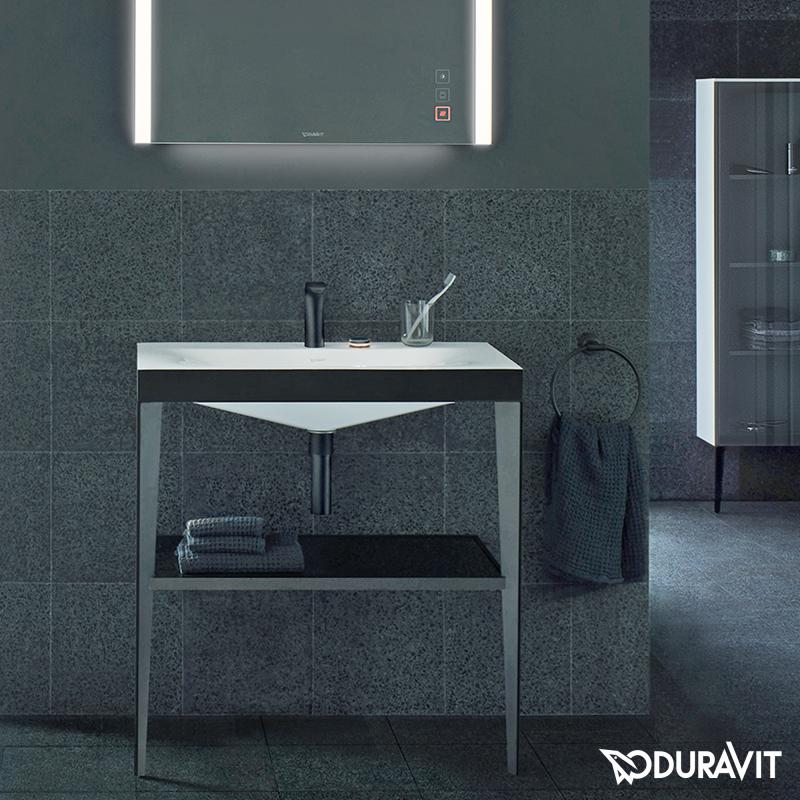 Immagine di Duravit XVIU sostegno metallico 80 cm colore nero finitura opaco, ripiano in vetro colore nero finitura lucido, lavabo consolle c-bonded due fori XV4715EB240