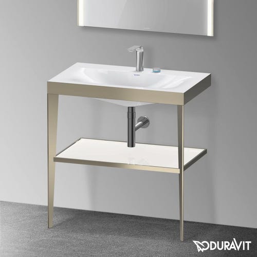 Immagine di Duravit XVIU sostegno metallico 80 cm colore champagne finitura opaco, ripiano in vetro colore bianco finitura lucido, lavabo consolle c-bonded due fori XV4715EB185