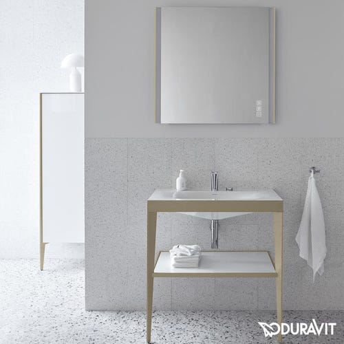 Immagine di Duravit XVIU sostegno metallico 80 cm colore champagne finitura opaco, ripiano in vetro colore bianco finitura lucido, lavabo consolle c-bonded due fori XV4715EB185