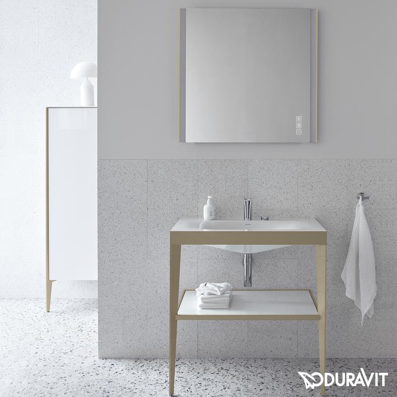 Immagine di Duravit XVIU sostegno metallico 80 cm colore champagne finitura opaco, ripiano in vetro colore bianco finitura lucido, lavabo consolle c-bonded due fori XV4715EB185
