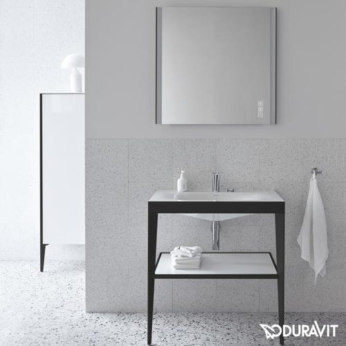 Immagine di Duravit XVIU sostegno metallico 80 cm colore nero finitura opaco, ripiano in vetro colore bianco finitura lucido, lavabo consolle c-bonded due fori XV4715EB285