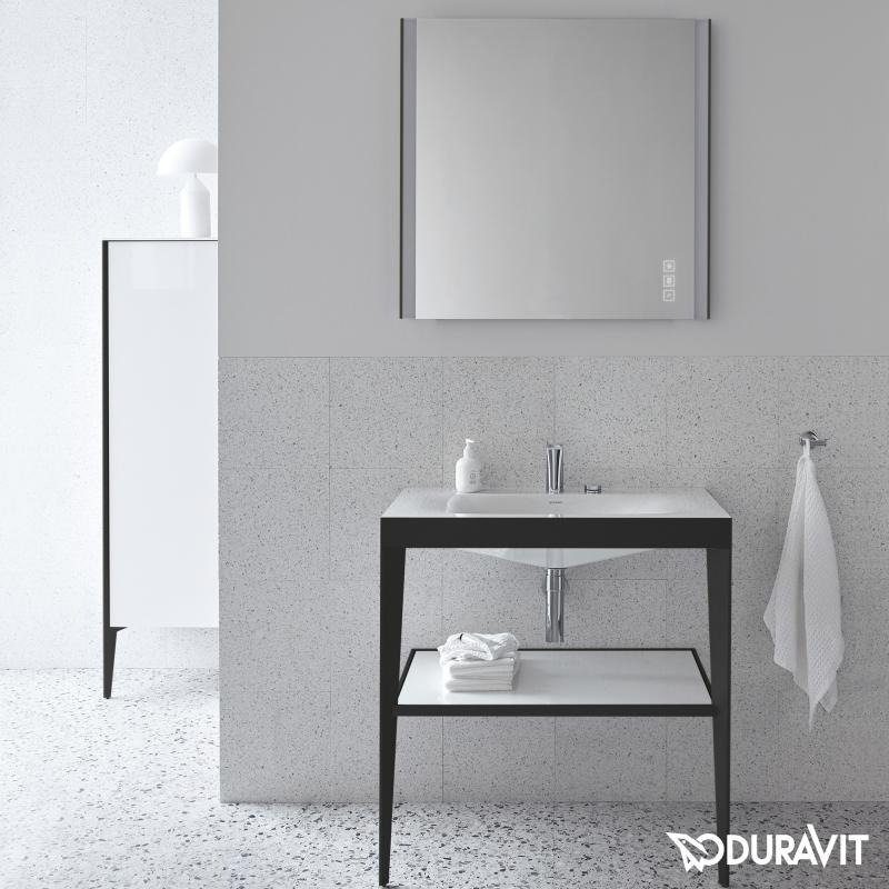 Immagine di Duravit XVIU sostegno metallico 80 cm colore nero finitura opaco, ripiano in vetro colore bianco finitura lucido, lavabo consolle c-bonded due fori XV4715EB285