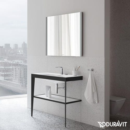 Immagine di Duravit XVIU sostegno metallico 80 cm colore nero finitura opaco, ripiano in vetro colore bianco finitura lucido, lavabo consolle c-bonded due fori XV4715EB285