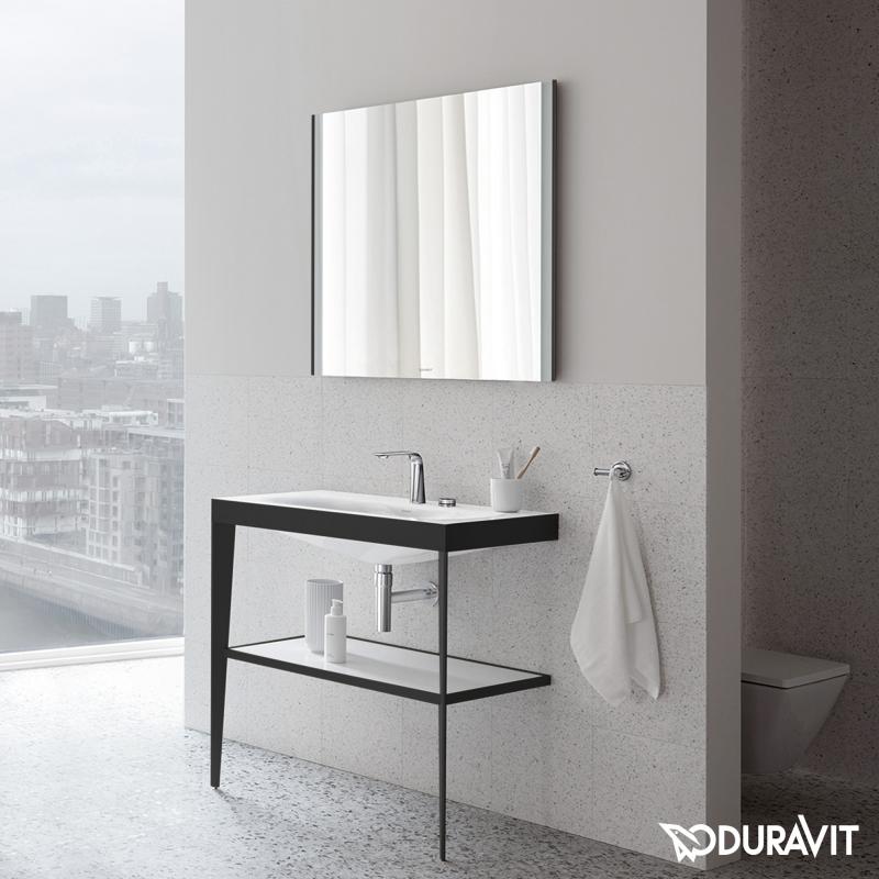 Immagine di Duravit XVIU sostegno metallico 80 cm colore nero finitura opaco, ripiano in vetro colore bianco finitura lucido, lavabo consolle c-bonded due fori XV4715EB285