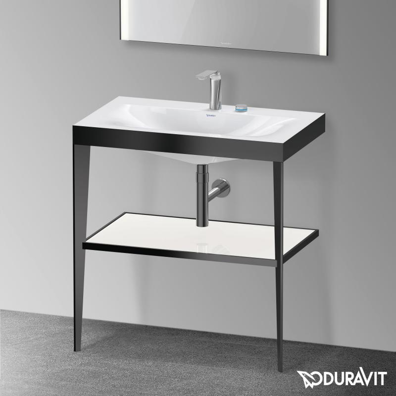 Immagine di Duravit XVIU sostegno metallico 80 cm colore nero finitura opaco, ripiano in vetro colore bianco finitura lucido, lavabo consolle c-bonded due fori XV4715EB285