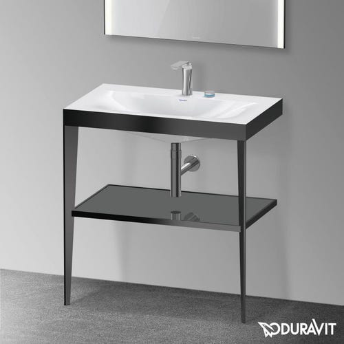 Immagine di Duravit XVIU sostegno metallico 80 cm colore nero finitura opaco, ripiano in vetro colore grigio flanella finitura lucido, lavabo consolle c-bonded due fori XV4715EB289