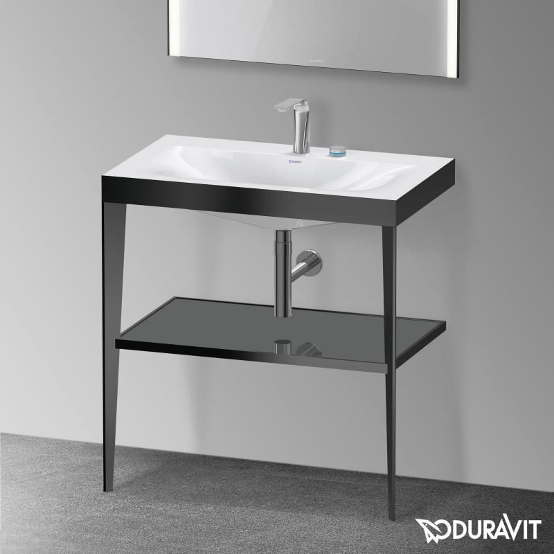 Immagine di Duravit XVIU sostegno metallico 80 cm colore nero finitura opaco, ripiano in vetro colore grigio flanella finitura lucido, lavabo consolle c-bonded due fori XV4715EB289