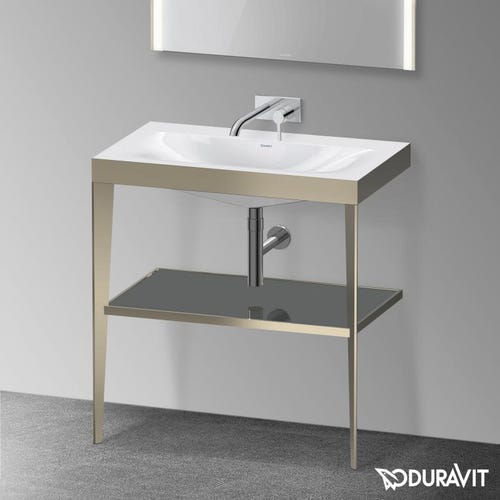 Immagine di Duravit XVIU sostegno metallico 80 cm colore champagne finitura opaco, ripiano in vetro colore grigio flanella finitura lucido, lavabo consolle c-bonded XV4715NB189