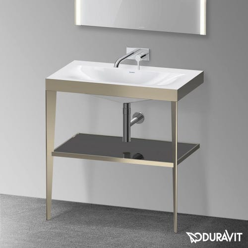 Immagine di Duravit XVIU sostegno metallico 80 cm colore champagne finitura opaco, ripiano in vetro colore nero finitura lucido, lavabo consolle c-bonded XV4715NB140