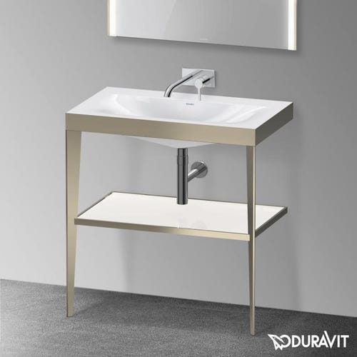 Immagine di Duravit XVIU sostegno metallico 80 cm colore champagne finitura opaco, ripiano in vetro colore bianco finitura lucido, lavabo consolle c-bonded XV4715NB185
