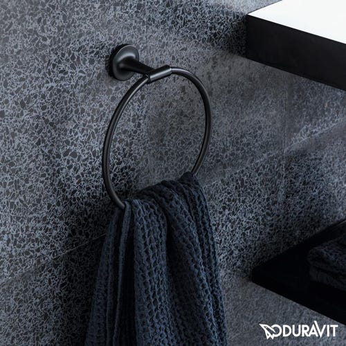 Immagine di Duravit XVIU composizione bagno sostegno metallico, colore nero opaco con lavabo due fori, colore bianco + colonna bassa, colore bianco opaco + specchio con profilo nero opaco + sifone di design, colore nero opaco XV4715OB240-XV70420B2B2