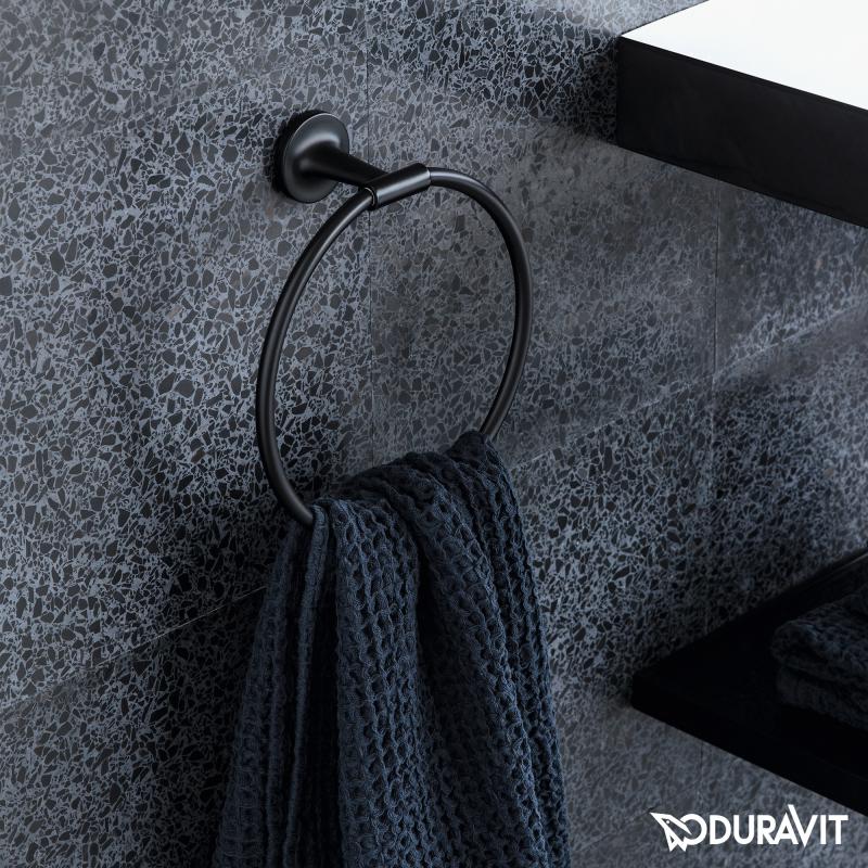 Immagine di Duravit XVIU composizione bagno sostegno metallico, colore nero opaco con lavabo due fori, colore bianco + colonna bassa, colore bianco opaco + specchio con profilo nero opaco + sifone di design, colore nero opaco XV4715OB240-XV70420B2B2