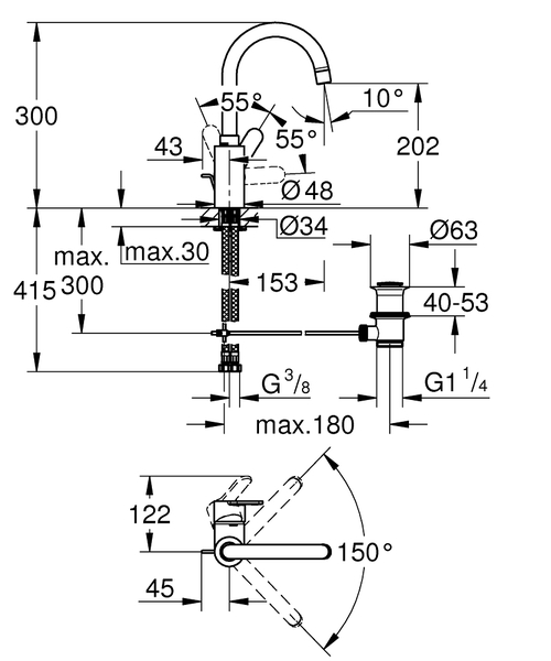 Immagine di Grohe EUROSTYLE COSMOPOLITAN miscelatore monocomando H.30 cm, per lavabo, con bocca girevole e scarico, finitura cromo 23043003