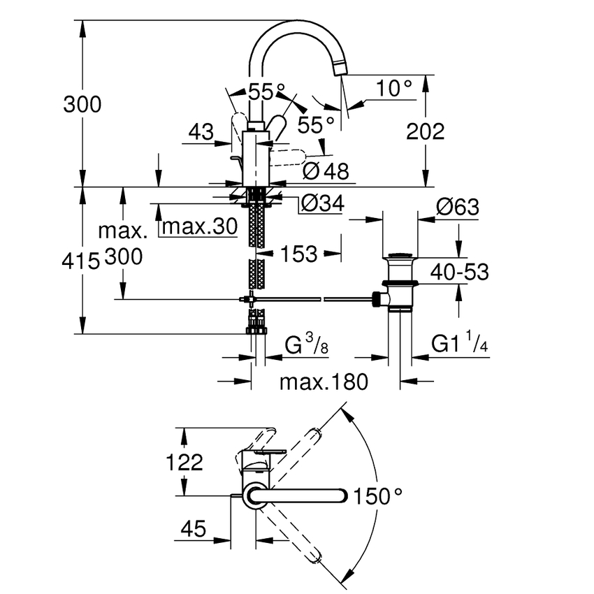 Immagine di Grohe EUROSTYLE COSMOPOLITAN miscelatore monocomando H.30 cm, per lavabo, con bocca girevole e scarico, finitura cromo 23043003