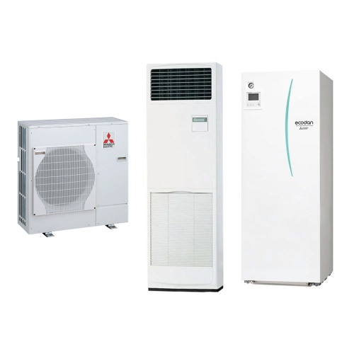 Immagine di Mitsubishi MR. SLIM + Sistema ibrido composto da pompa di calore Inverter ECODAN 8 kW con HYDROTANK MEDIUM Solo caldo 200 litri e unità interna a colonna 24000 BTU PUHZ-FRP71VHA+EHST20C-VM2D+PSA-RP71KA