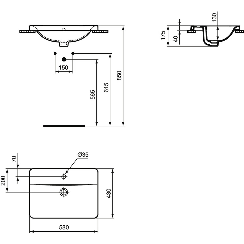 Immagine di Ideal Standard CONNECT lavabo rettangolare da incasso soprapiano L.58 cm, monoforo, con troppopieno, colore bianco E504401