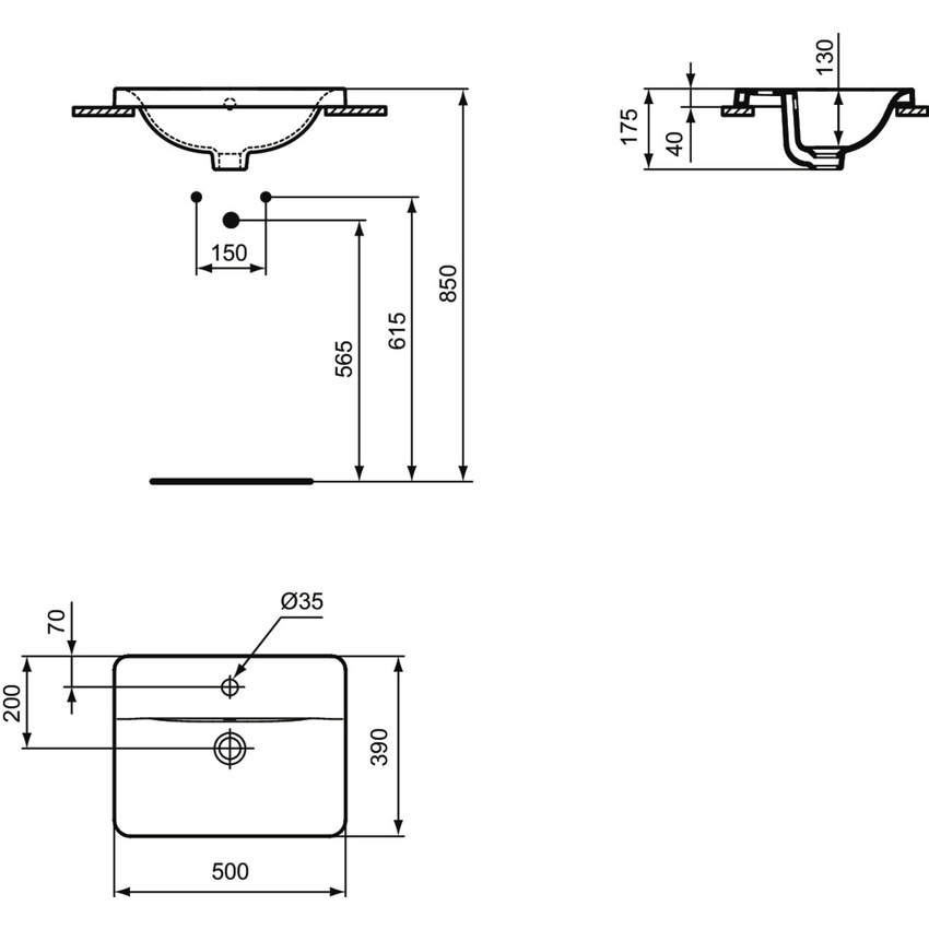 Immagine di Ideal Standard CONNECT lavabo rettangolare da incasso soprapiano L.50 cm, monoforo, con troppopieno, colore bianco E504301