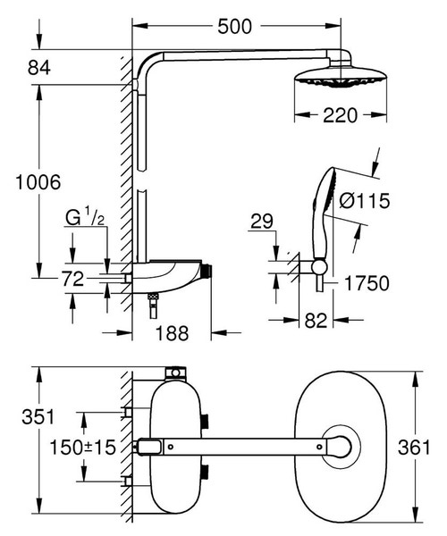 Immagine di Grohe RAINSHOWER SYSTEM SMARTCONTROL DUO 360 sistema doccia con miscelatore termostatico GROHE, finitura cromo 26250000