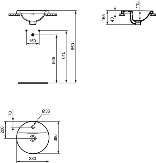 Immagine di Ideal Standard CONNECT lavabo rotondo da incasso soprapiano Ø 38 cm, monoforo, con troppopieno, colore bianco E504101