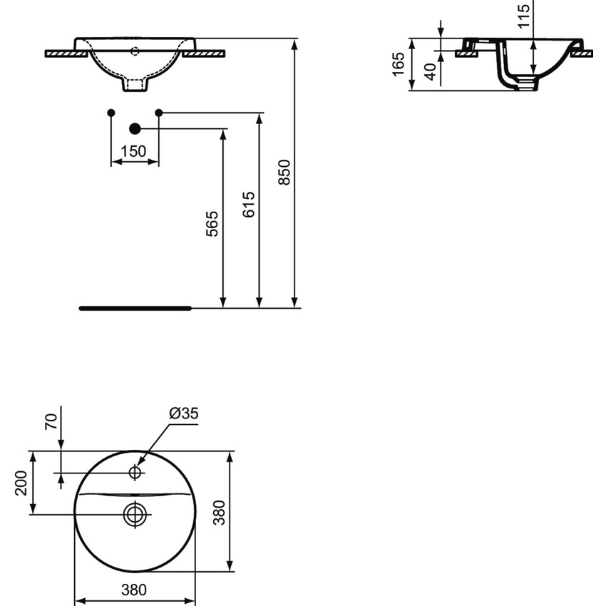 Immagine di Ideal Standard CONNECT lavabo rotondo da incasso soprapiano Ø 38 cm, monoforo, con troppopieno, colore bianco E504101