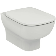 Immagine di Ideal Standard ESEDRA vaso sospeso a cacciata con scarico a parete e fissaggi nascosti, con sedile slim a sgancio rapido, colore bianco T278601