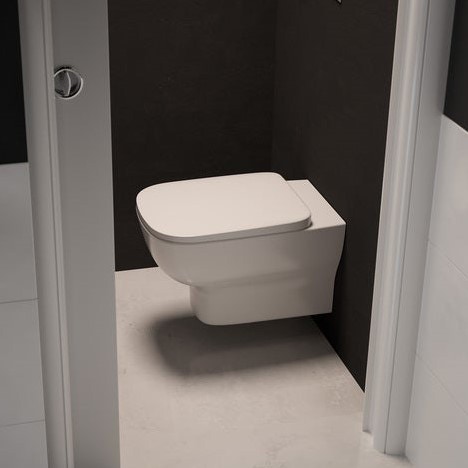 Immagine di Ideal Standard ESEDRA vaso sospeso a cacciata con scarico a parete e fissaggi nascosti, con sedile slim a sgancio rapido, colore bianco T278601