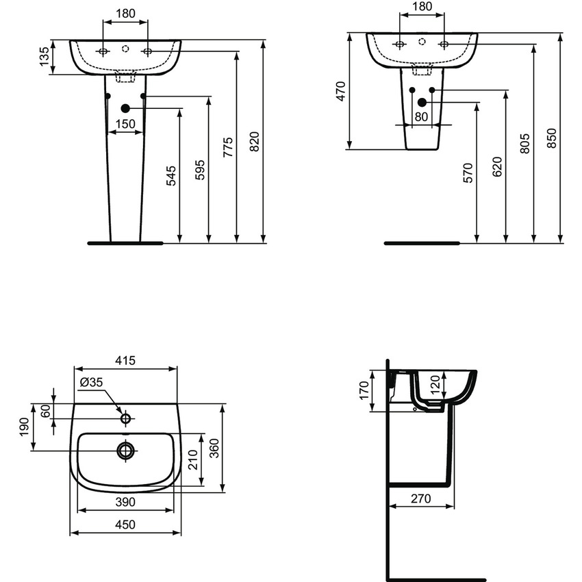Immagine di Ideal Standard ESEDRA lavamani 45 cm, monoforo, con troppopieno, colore bianco T281101