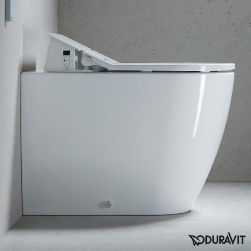 Immagine di Duravit SENSOWASH® vaso a pavimento Me by Starck a cacciata filo parete, scarico orizzontale, solo in abbinamento a SensoWash, UWL classe 1, colore bianco 2169590000