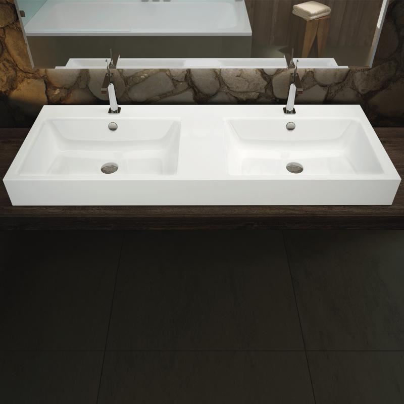 Immagine di Kaldewei PURO DOPPIO lavabo da appoggio L.130 P.46 cm altezza del bordo 12 cm, con 2 fori singoli, con troppopieno, colore bianco alpino 907206043001