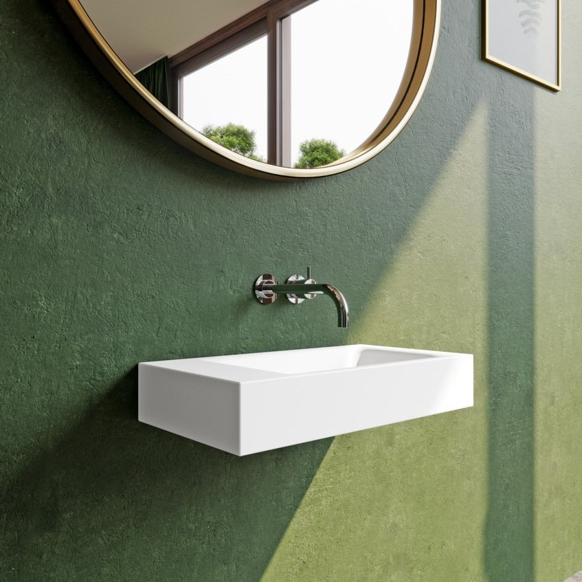 Immagine di Kaldewei PURO lavabo da parete L.55 P.30 cm, versione sinistra, senza foro e troppopieno, colore bianco alpino 901206423001