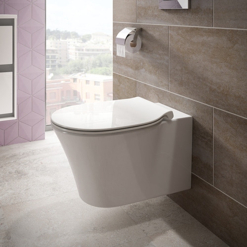 Immagine di Ideal Standard CONNECT AIR set completo sanitari sospesi, vaso con sedile a chiusura ammortizzata e bidet monoforo, colore bianco finitura lucido, moduli installazione COMBIFIX per parete in muratura 110.790.00.1-CONNECT AIR