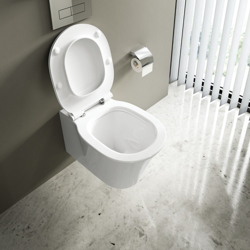 Immagine di Ideal Standard CONNECT AIR set completo sanitari sospesi, vaso con sedile a chiusura ammortizzata e bidet monoforo, colore bianco finitura lucido, moduli installazione COMBIFIX per parete in muratura 110.790.00.1-CONNECT AIR